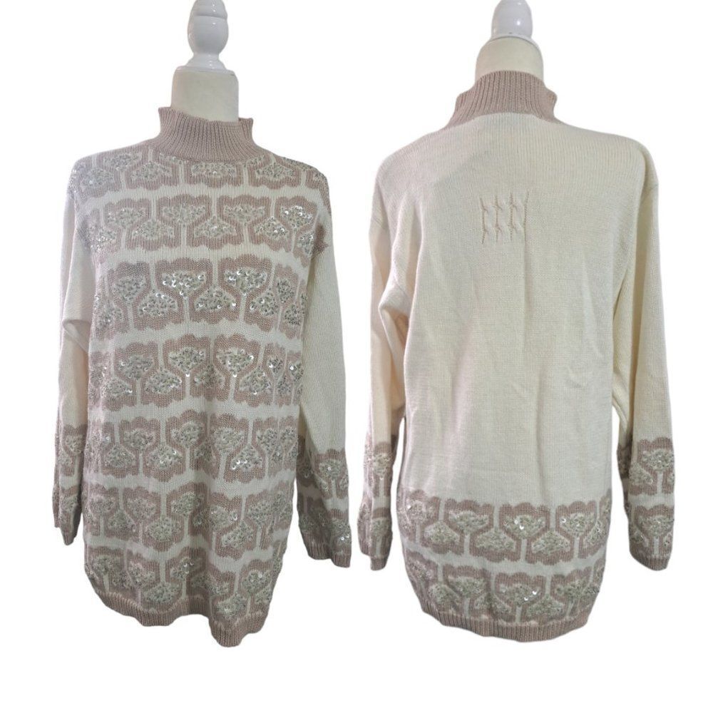 Marisa Christina Women's Crew Neck Embellish Sequin Pullover Knit Long Sleeve S